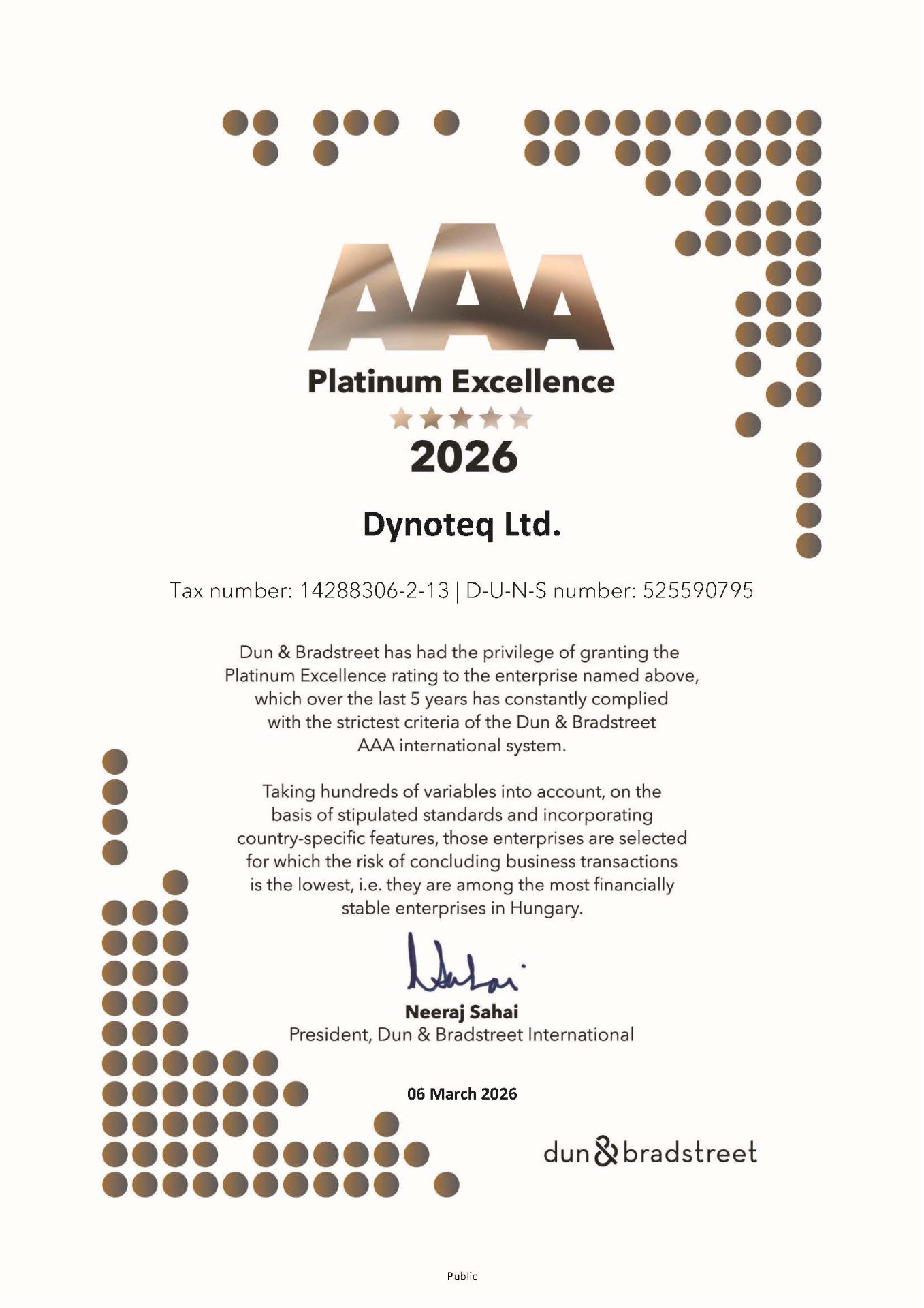 Dun & Bradstreet AAA Platinum Excellence — Dynoteq Kft.