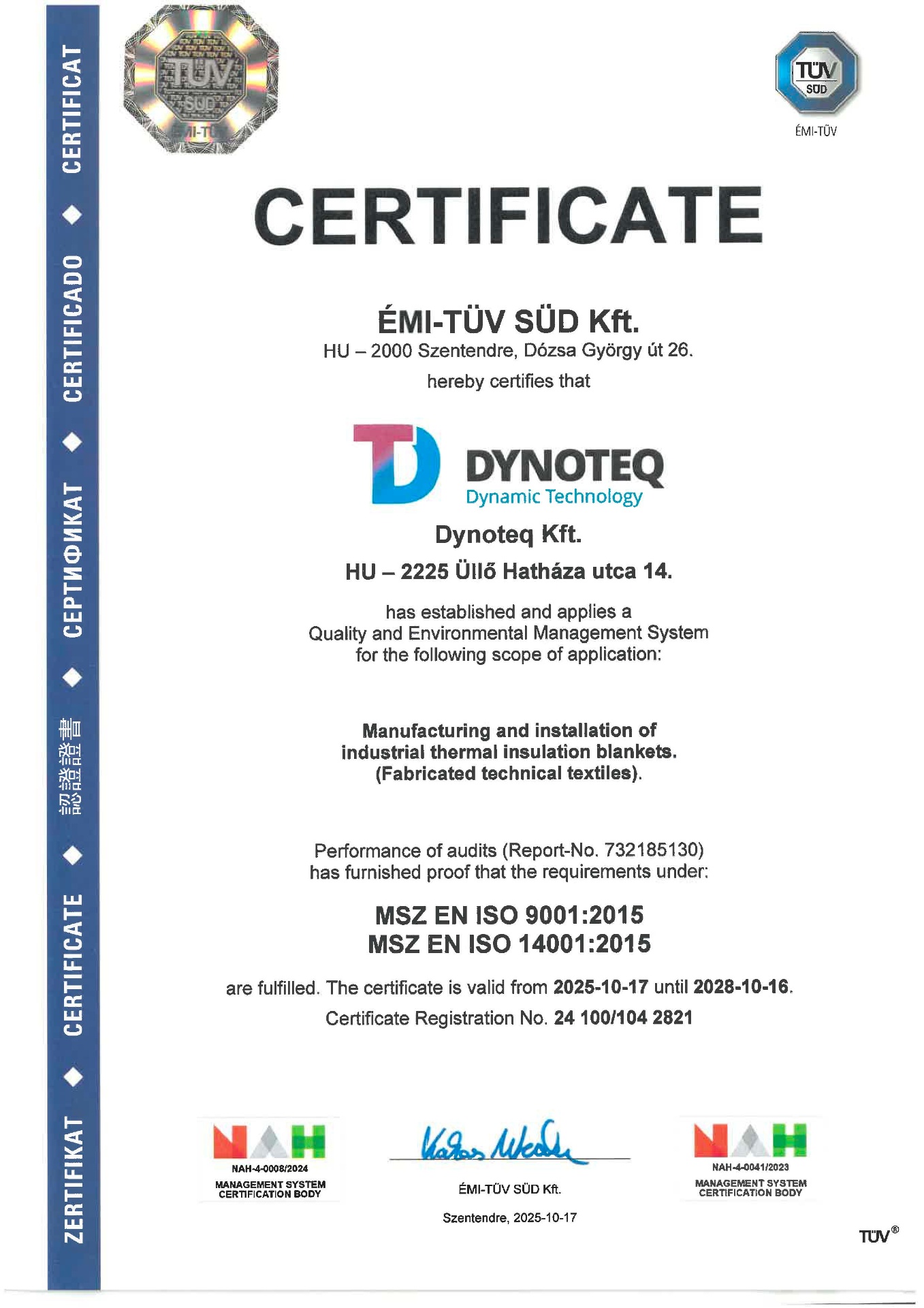 ÉMI-TÜV SÜD ISO 9001:2015 & ISO 14001:2015 — Dynoteq Kft.
